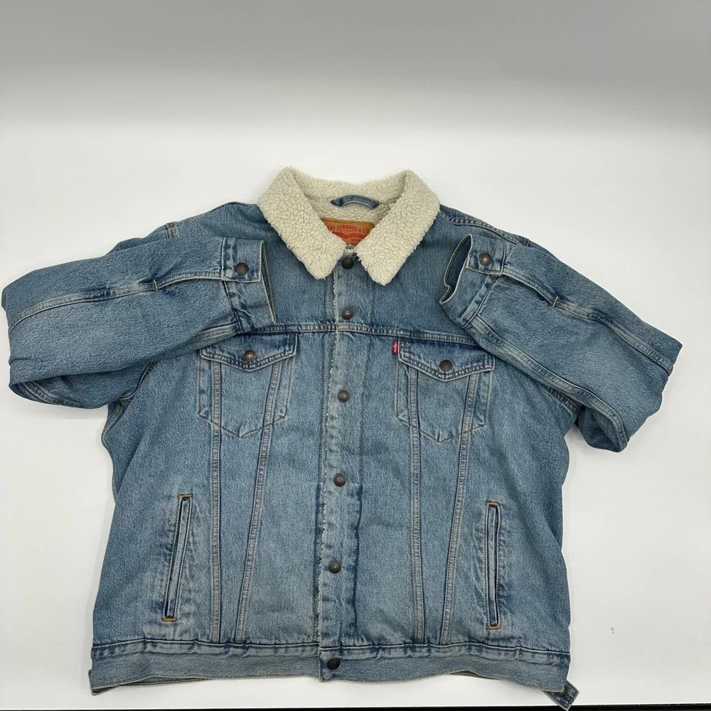 Levis Mens XL Sherpa Lined Denim Trucker Jacket Medium Wash Blue 16365-0044 READ - Picture 2 of 13